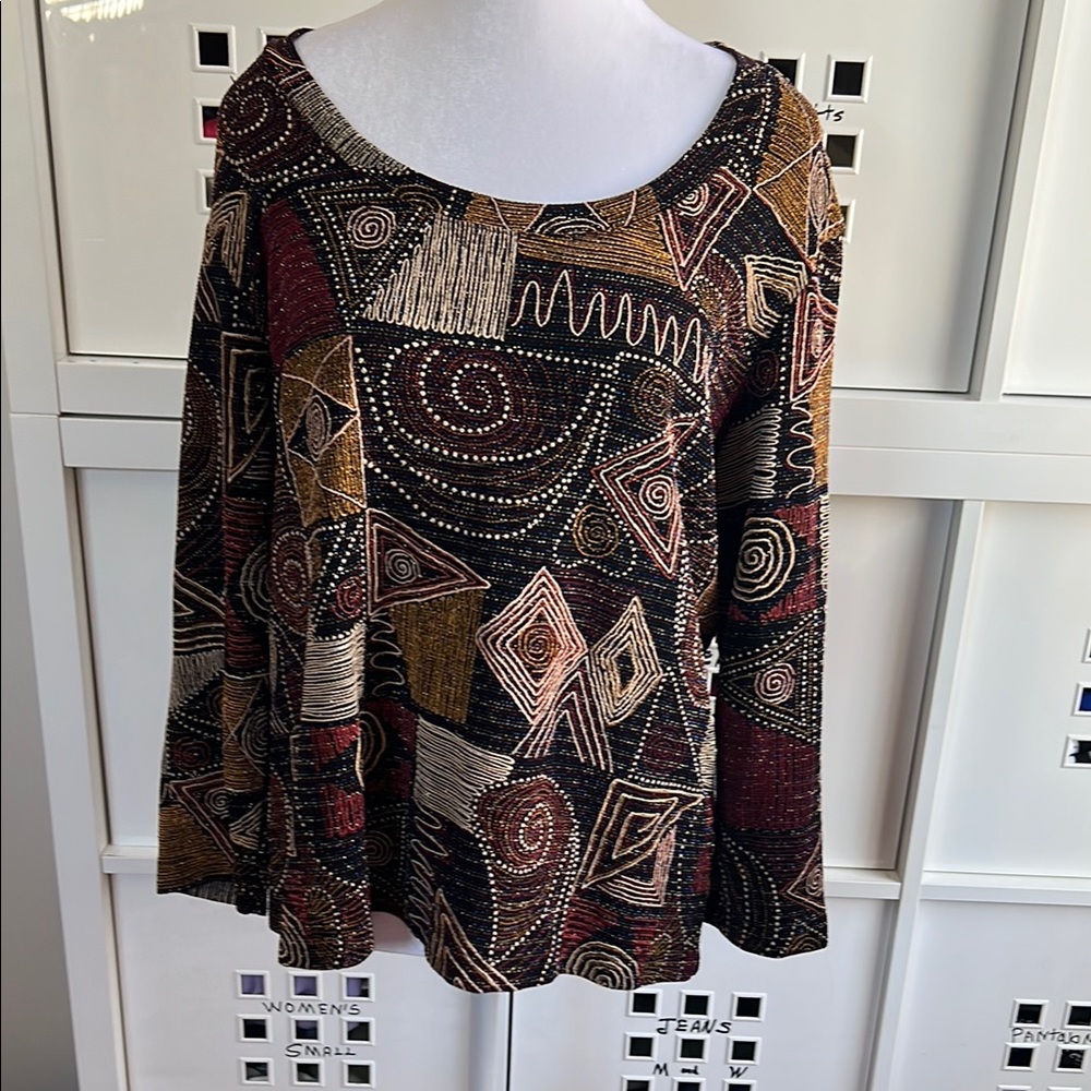 Chicos Design Women Red Long Sleeve Blouse with  Graphic Design Size 03